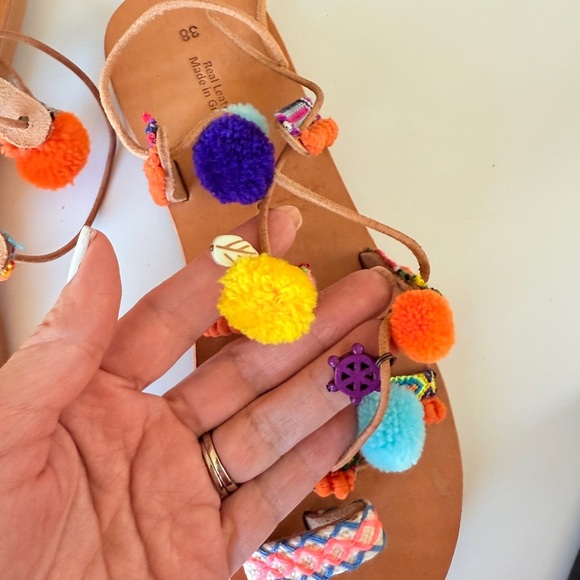 Ammos Genuine Leather Greece Pom Friendship Charm Gladiator Wrap Sandal Size 7 - Picture 12 of 15